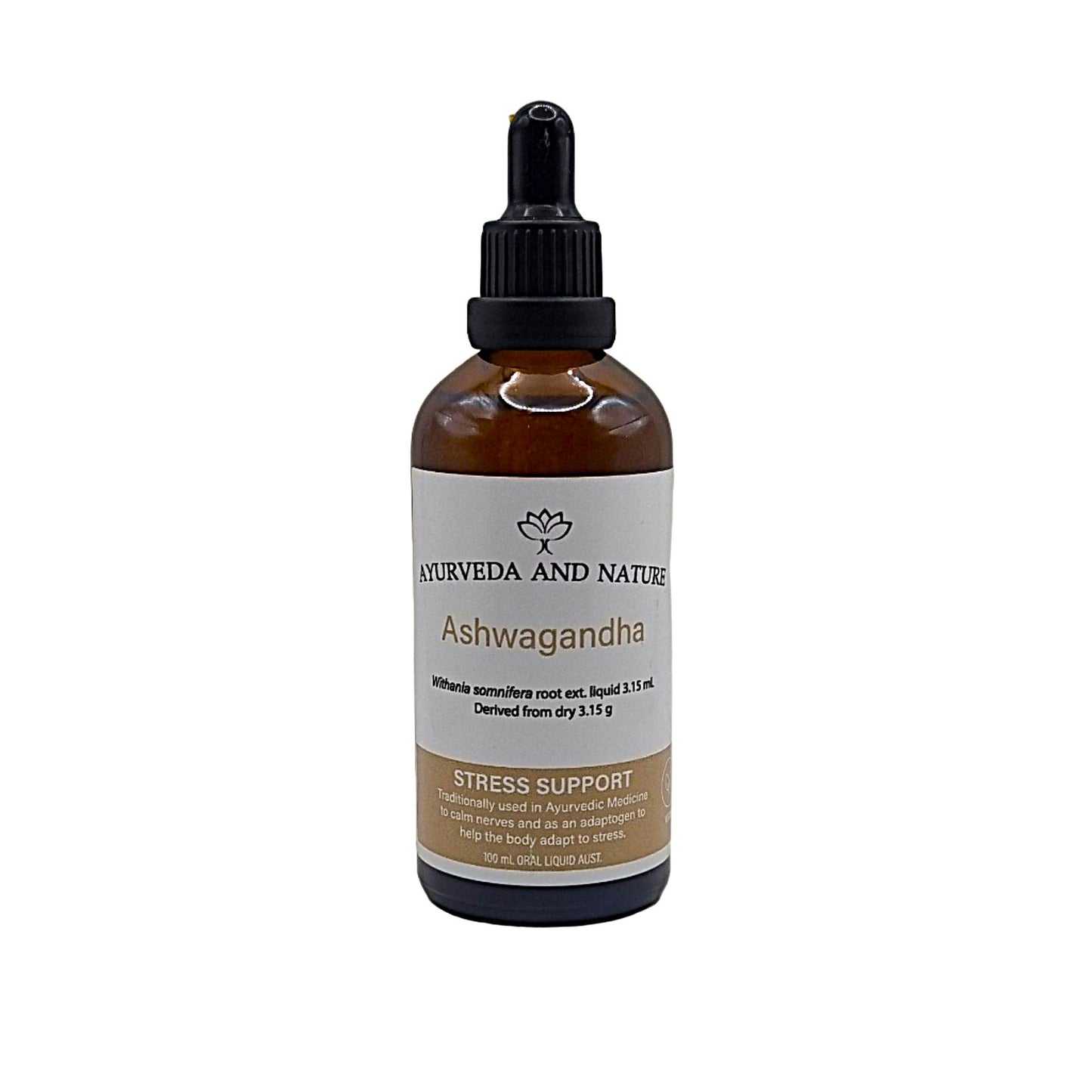 Bottle of Ashwagandha extract from Ayurveda and Nature on a white background