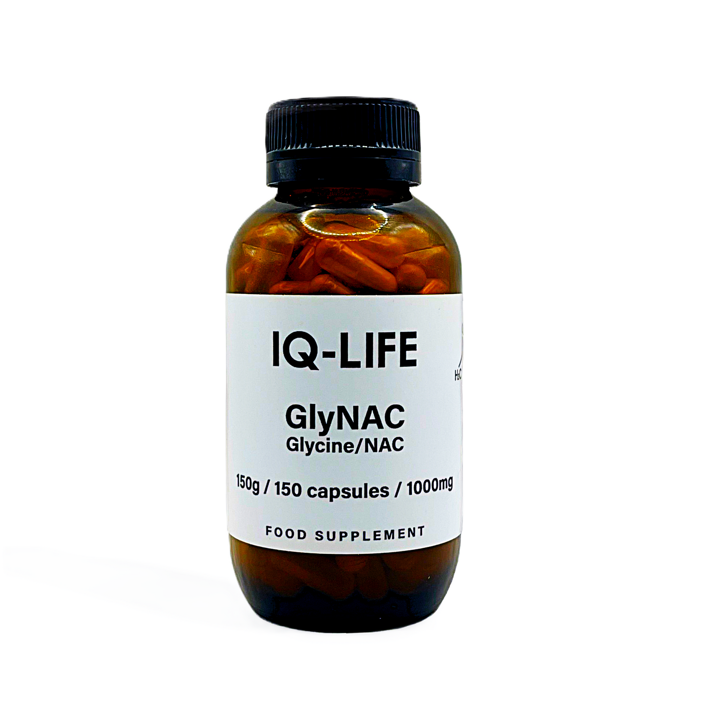 Bottle of GlyNAC extract in capsules from IQ-Life Supplements on a white background