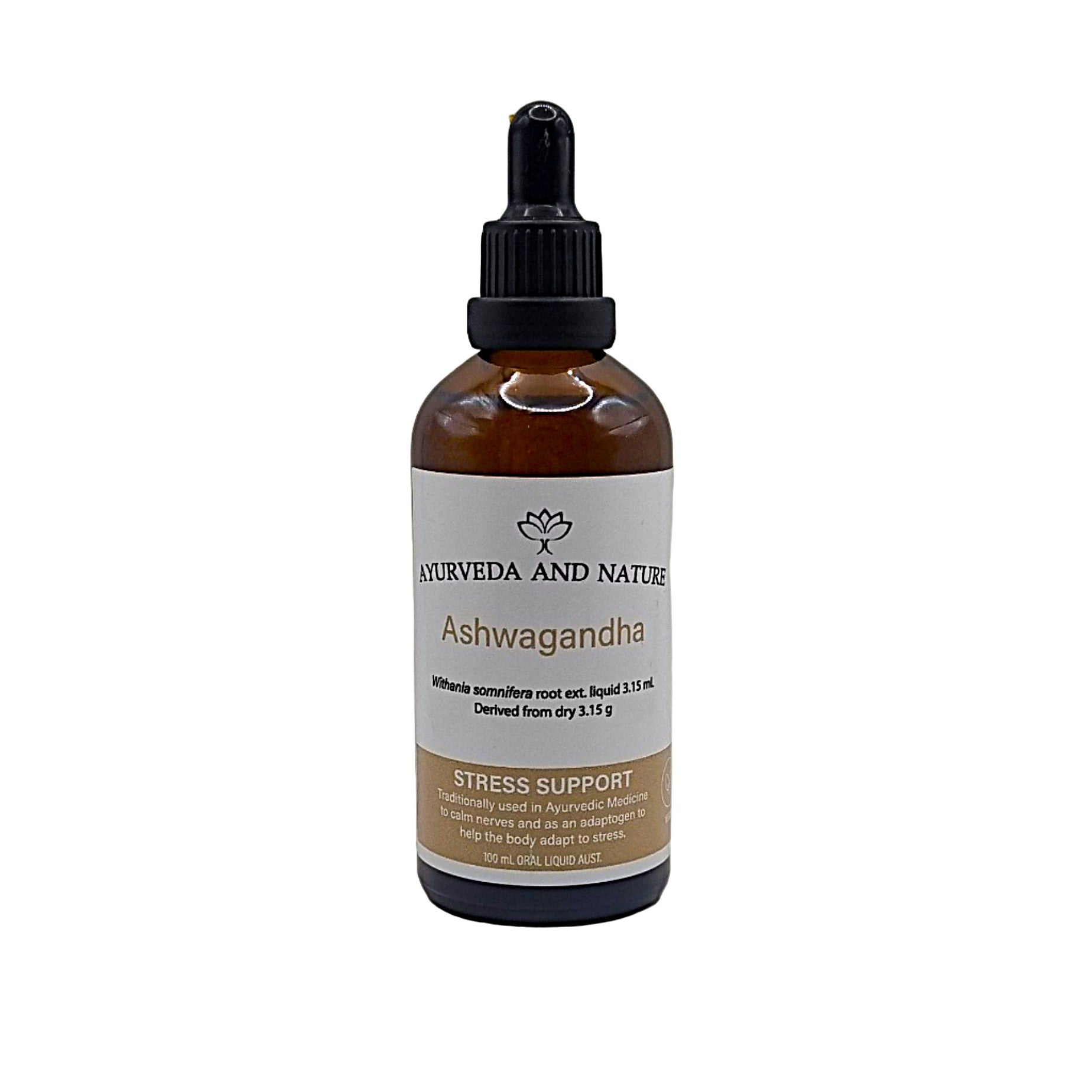 Bottle of Ashwagandha extract from Ayurveda and Nature on a white background