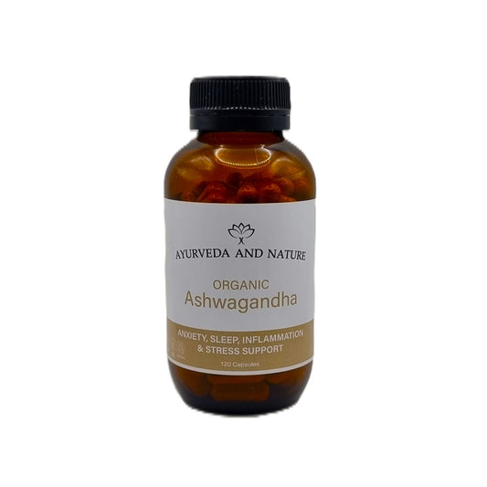 Bottle of Ashwagandha in Veggie Capsules from Ayurveda and Nature on a white background