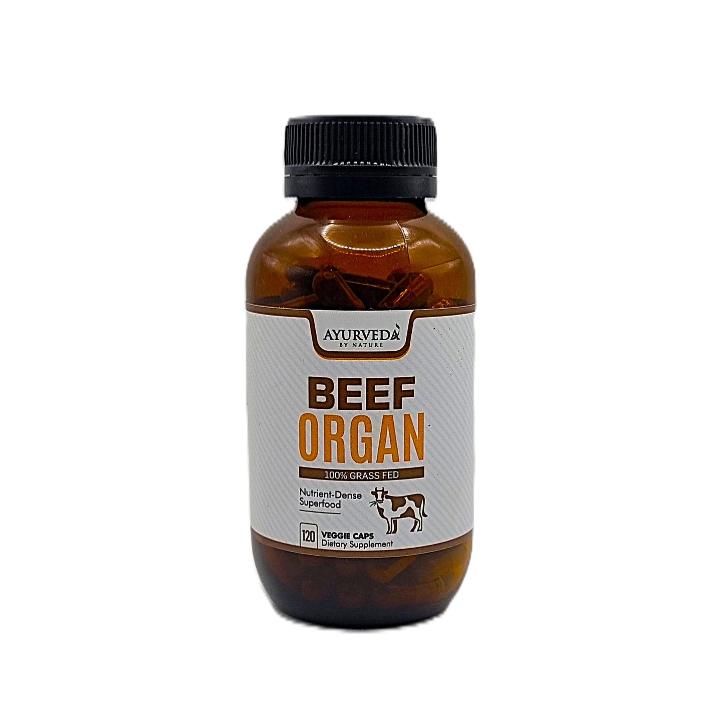 Bottle of Beef Liver organs in Veggie Capsules from Ayurveda and Nature on a white background