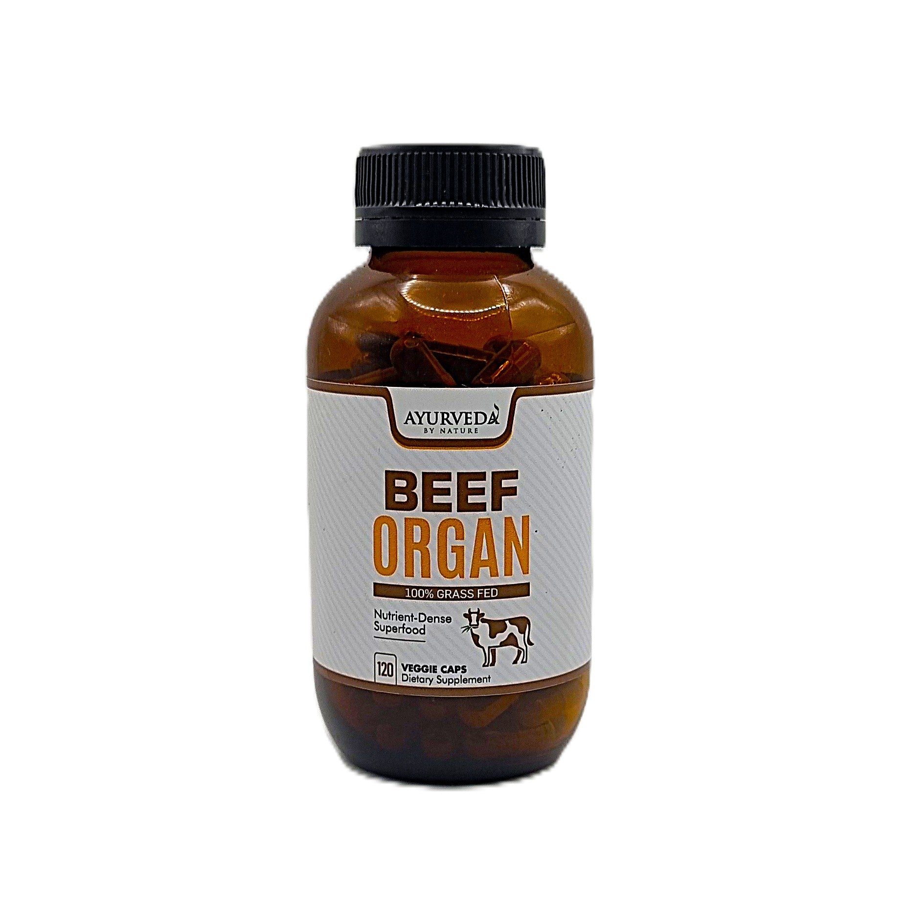 Bottle of Beef Liver organs in Veggie Capsules from Ayurveda and Nature on a white background