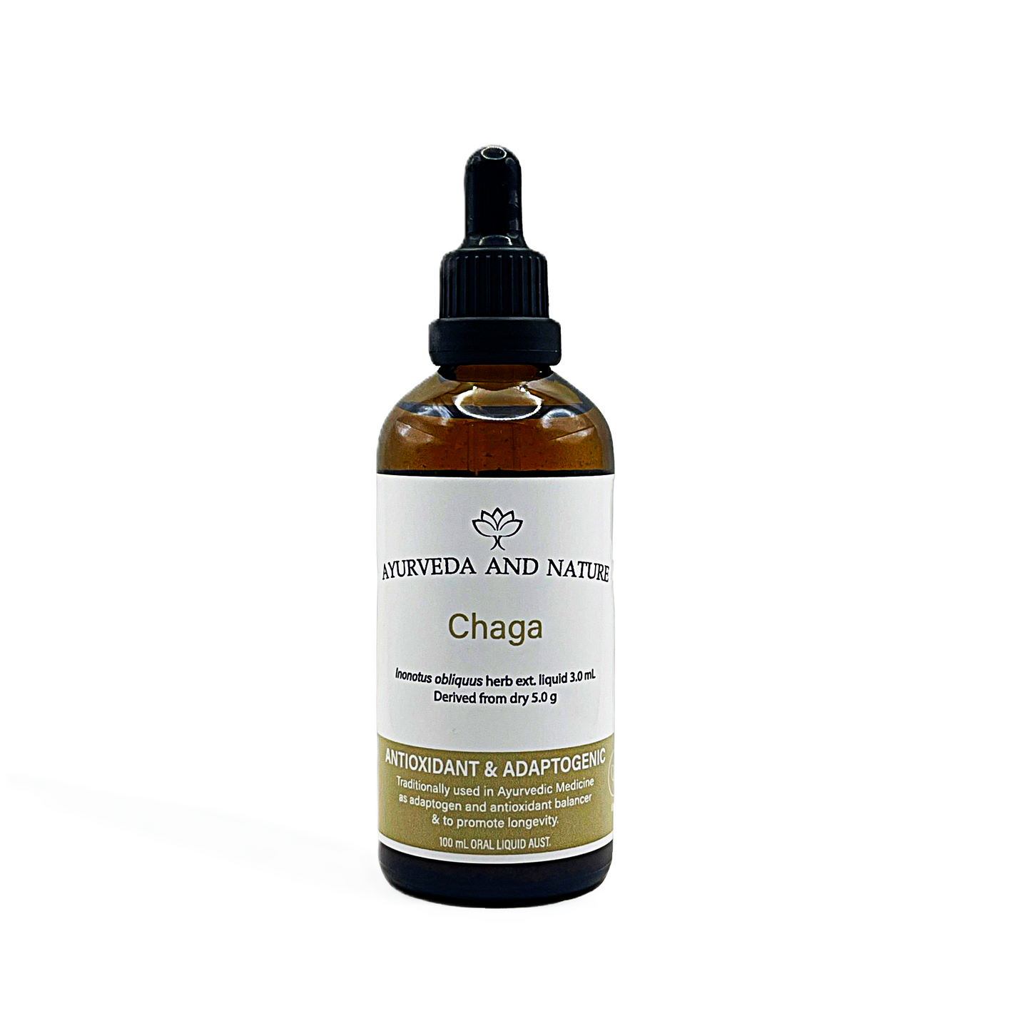 Bottle of Chaga extract from Ayurveda and Nature on a white background