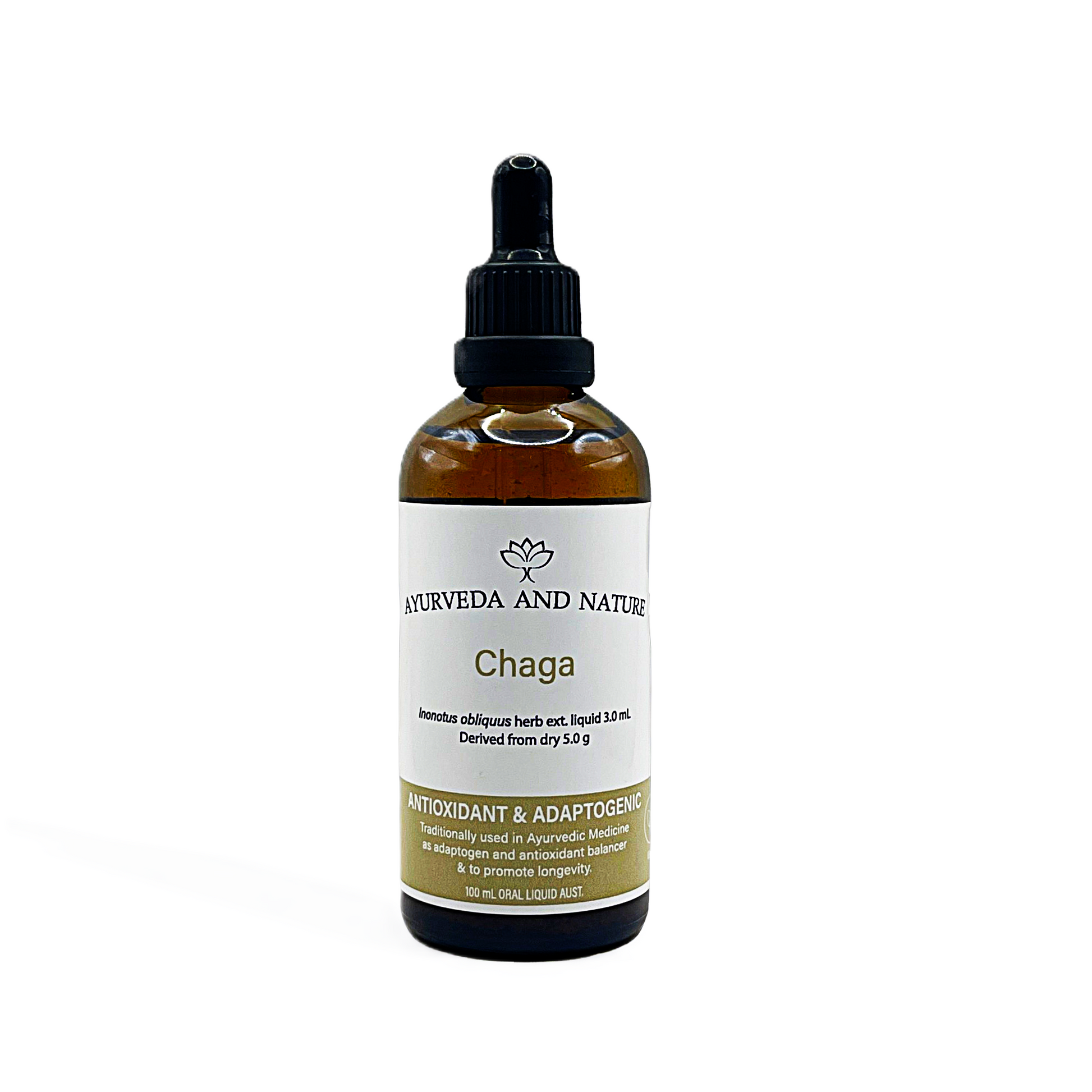 Bottle of Chaga extract from Ayurveda and Nature on a white background