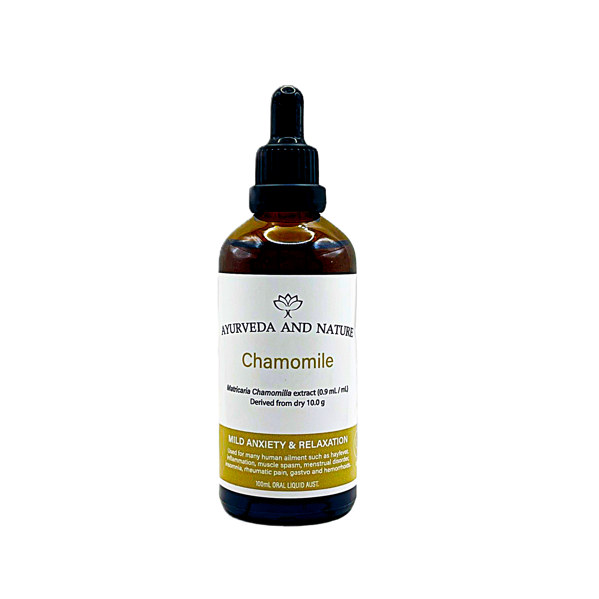 Bottle of Chamomile extract from Ayurveda and Nature on a white background