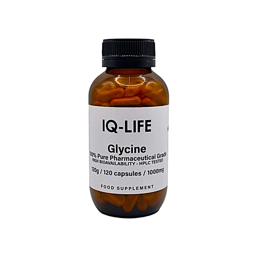 Bottle of Glycine extract in capsules from IQ-Life Supplements on a white background