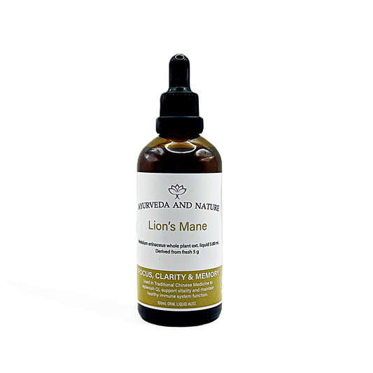Bottle of Lion's Mane Mushroom extract from Ayurveda and Nature on a white background