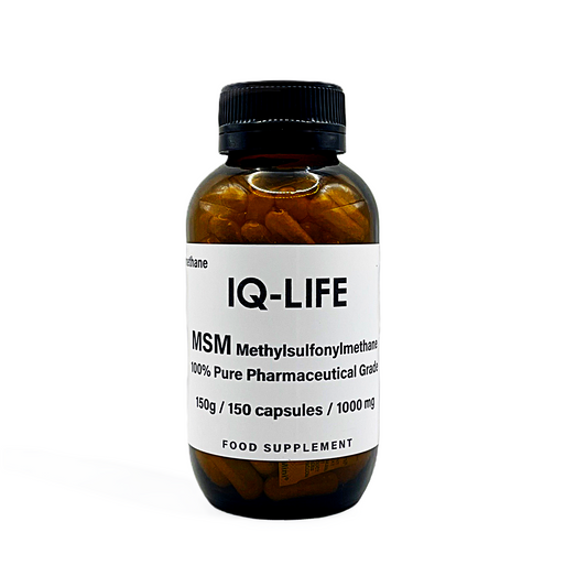 Bottle of MSM extract in capsules from IQ-Life Supplements on a white background