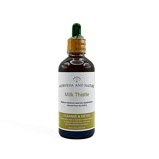 Bottle of Milk Thistle extract from Ayurveda and Nature on a white background