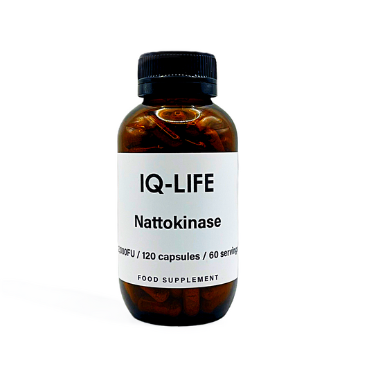 Bottle of Nattokinase extract in capsules from IQ-Life Supplements on a white background