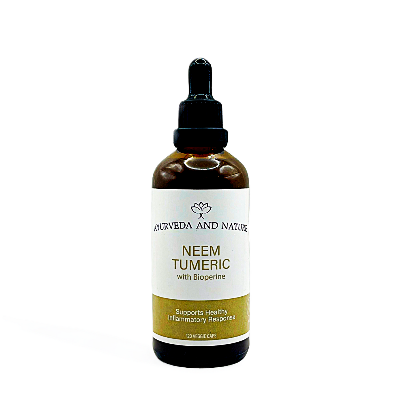 Bottle of Neem Turmeric extract from Ayurveda and Nature on a white background