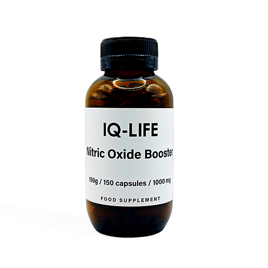 Bottle of Nitric Oxide extract in capsules from IQ-Life Supplements on a white background
