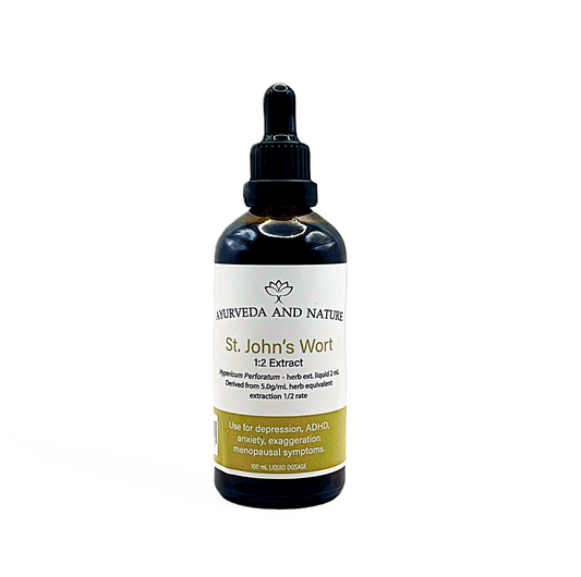 Bottle of St. John's Wort extract with a dropper on a white background