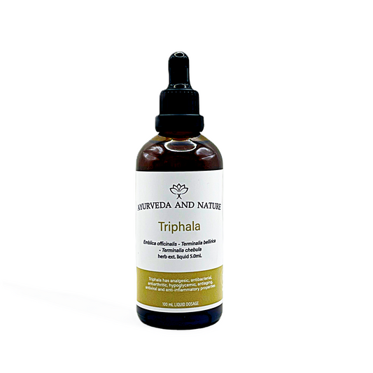 Bottle of Triphala extract from Ayurveda and Nature on a white background
