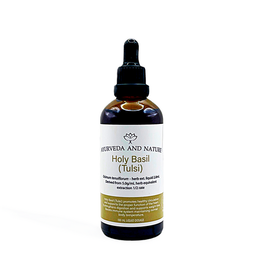 Bottle of Holy Basil (Tulsi) extract from Ayurveda and Nature on a white background