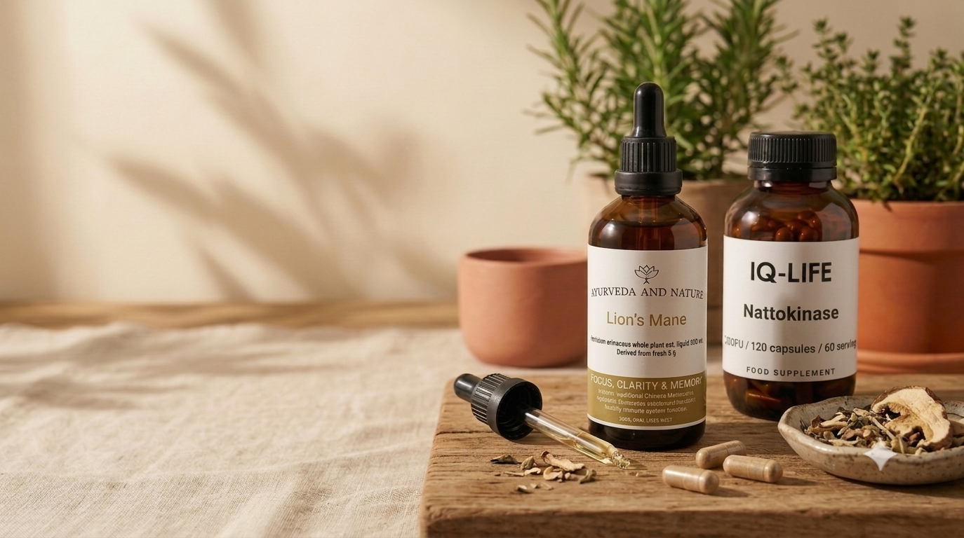 Ayurveda & Nature Lion's Mane tincture and IQ Life Nattokinase on a timber bench